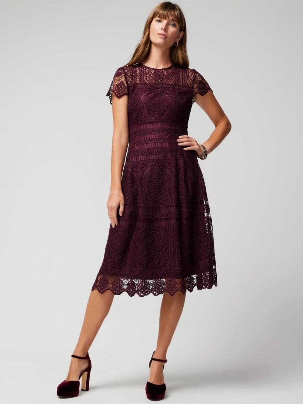 White House Black Market Embroidered Lace Fit-and-Flare in Cabernet - Picture 2 of 6